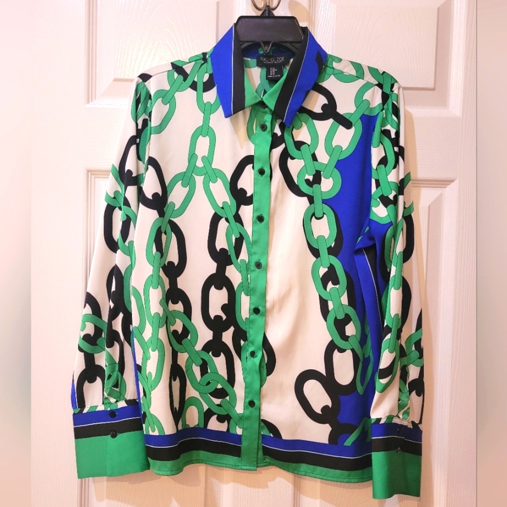 Rachel Zoe Chain Print Button Down Blouse M Green Blue Black Geometric Satin Top